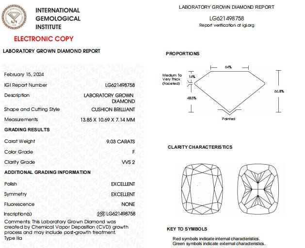9 CT Cushion Cut Lab Created IGI Certified Diamond For Engagement Ring