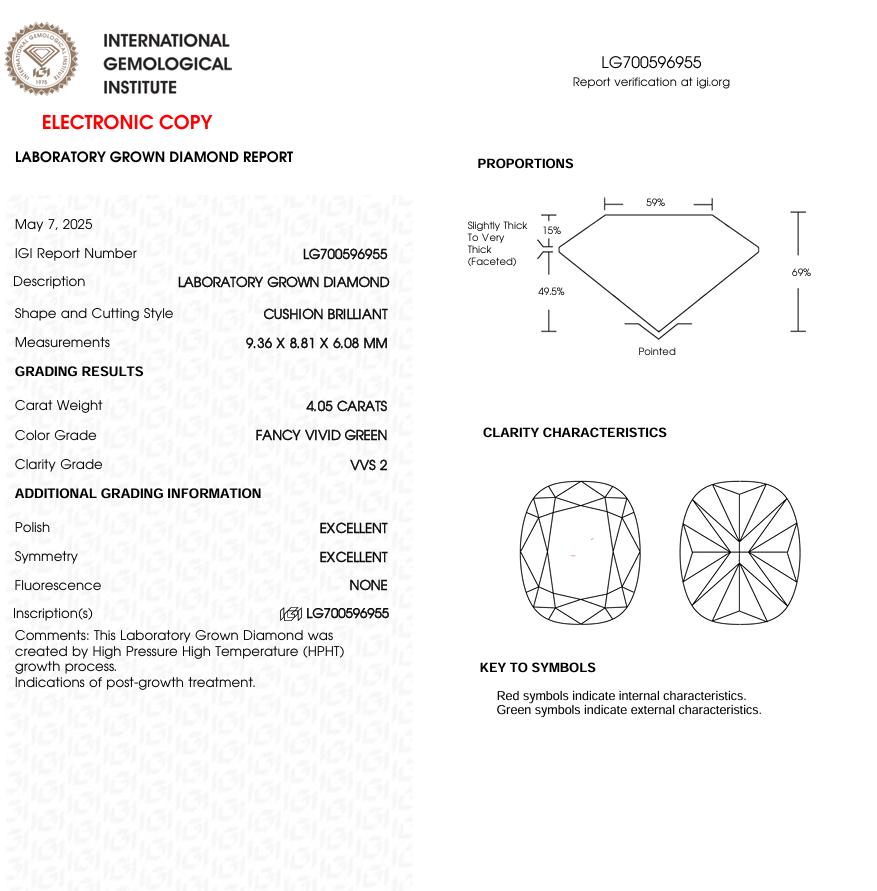 4 CT Green Cushion Cut Lab Grown Diamond | IGI Certified