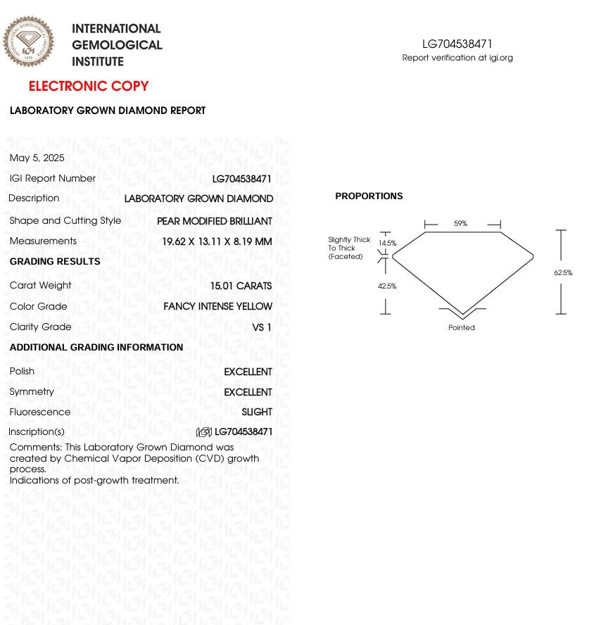 15 CT Yellow Pear Lab Grown Diamond for Engagement Ring | IGI Certified | Best for Anniversary Gift or Necklace | Gift for Wife