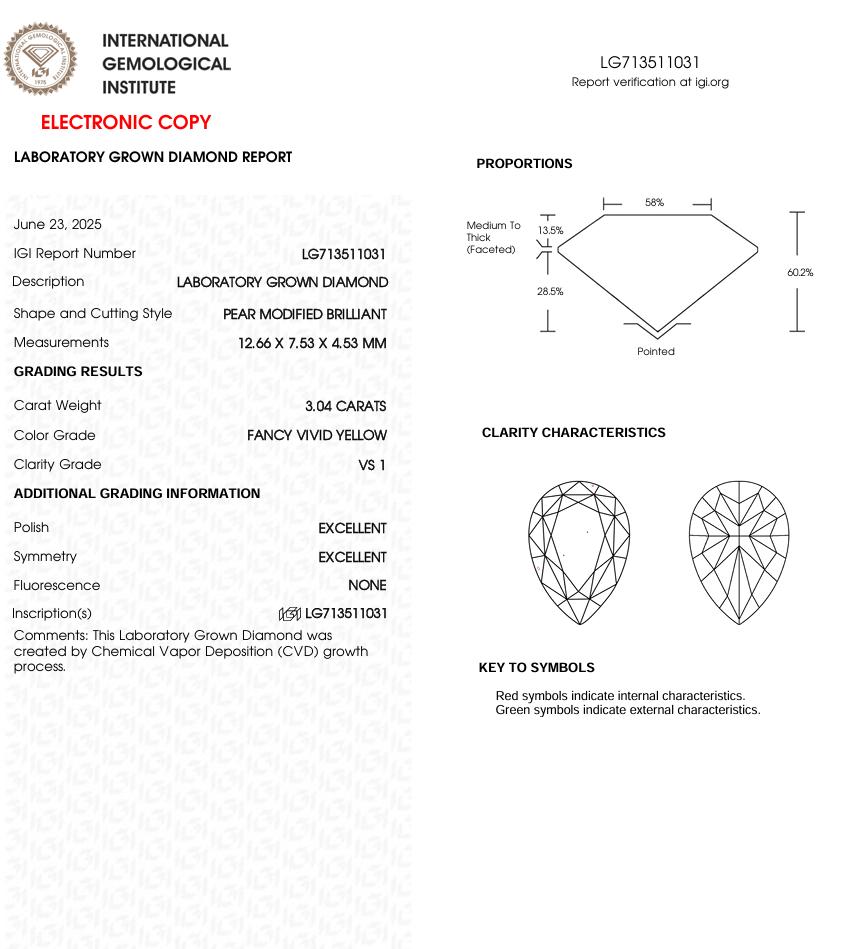 3 CT Yellow Pear Cut Lab Grown Diamond for Engagement Ring | IGI Certified | Diamond for Anniversary Gift or Wedding Gift
