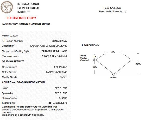 1.32 CT Vivid Pink Triangle Cut Lab Grown Diamond for Engagement Ring
