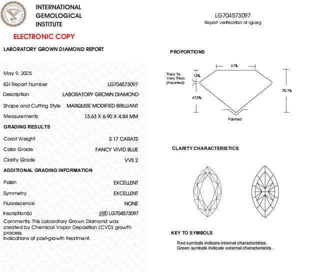 3.17 CT-VVS2 Vivid Blue Marquise Lab Created Diamond For Engagement Ring