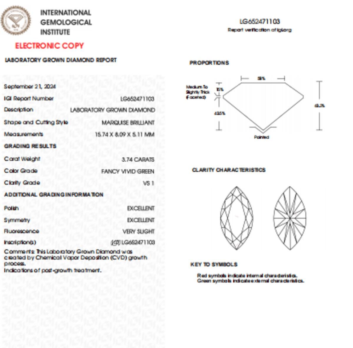 3.74 CT Marquise Vivid Green Lab Grown Diamond For Engagement Ring