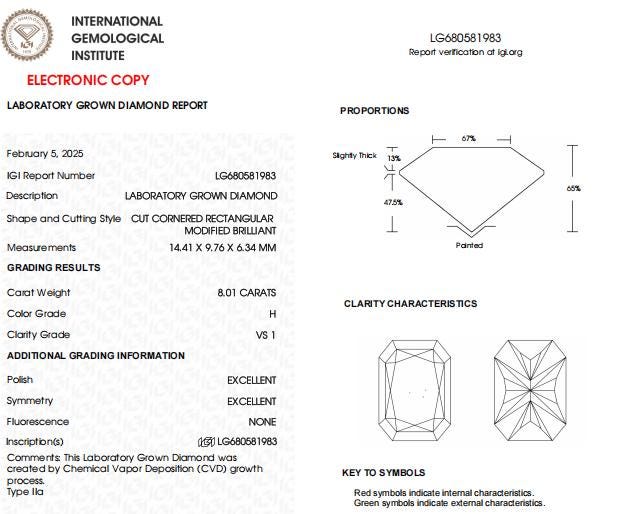 8 CT Radiant Cut Lab Grown Diamond For Engagement Ring | Anniversary Gift