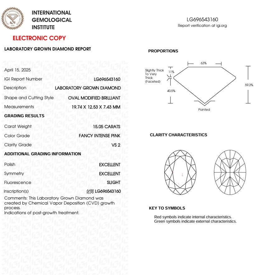 15 CT Pink Oval Cut Lab Grown Diamond for Engagement Ring | IGI Certified | Best for Anniversary Gift or Wedding Gift | Gift for Wife