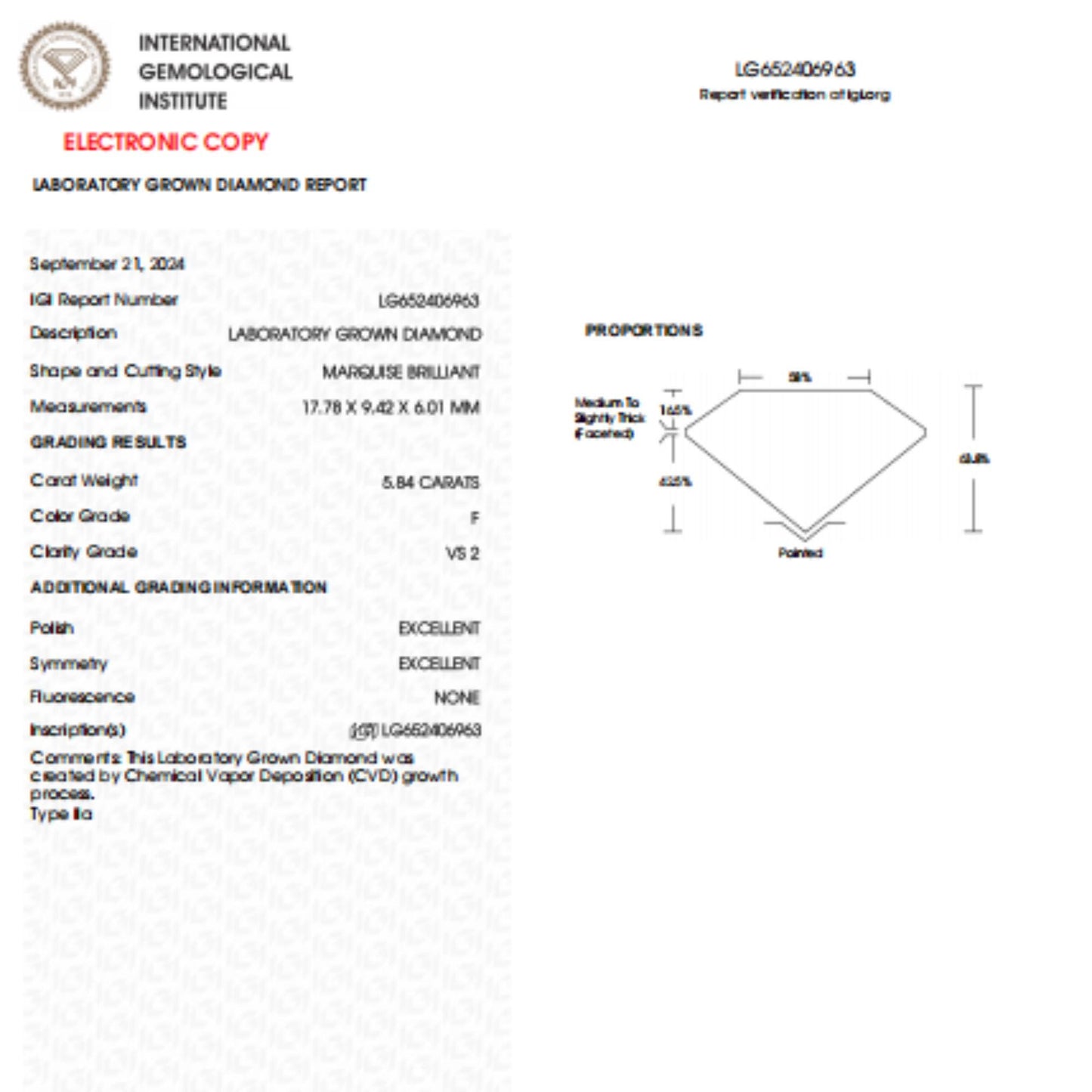 5.84 CT Marquise Lab Grown Diamond For Engagement Ring
