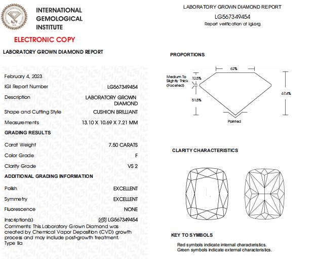 7.50 CT Cushion Cut Lab Grown Diamond For Engagement Ring