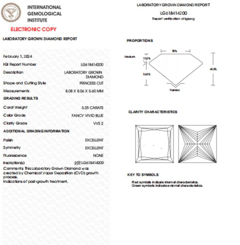 3.25 CT Princess Cut Vivid Blue Lab Grown Diamond For Engagement Ring