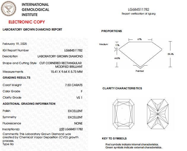 7.53 CT Radiant Cut Lab Grown Diamond For Engagement Ring