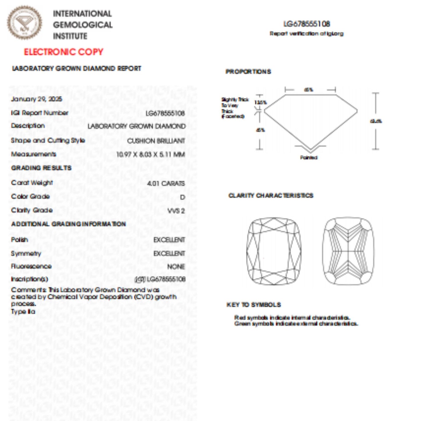 4 CT Cushion Cut Lab Grown Diamond for Engagement Ring