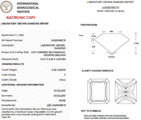 6 CT Radiant Cut Lab Grown Diamond For Engagement Ring
