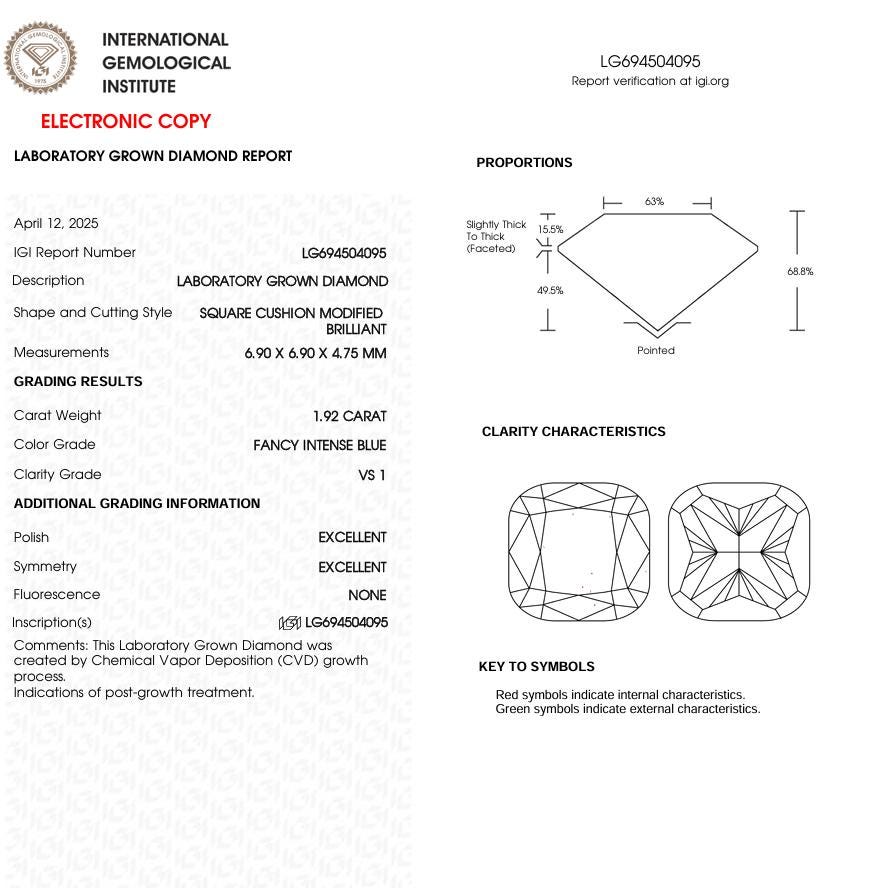 1.92 CT Blue Square Cushion Cut Lab Grown Diamond for Wedding Gift | IGI Certified | Diamond for Anniversary Gift or Engagement Ring