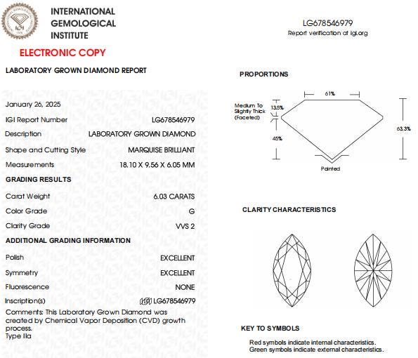 6 CT-VVS2 Clarity G Color Marquise Lab Grown Diamonds For Engagement Ring