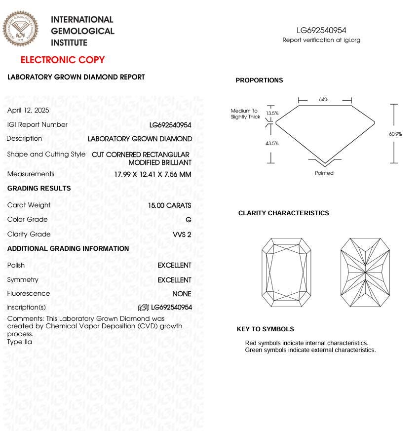 15 CT Radiant Cut Lab Grown Diamond | IGI Certified | Best for Anniversary Gift or Engagement Ring