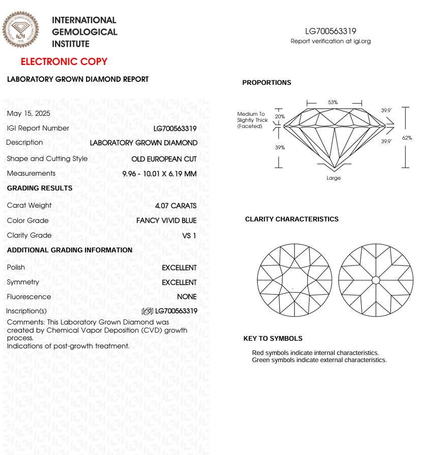 4 CT Blue Old European Cut Lab Grown Diamond for Engagement Ring