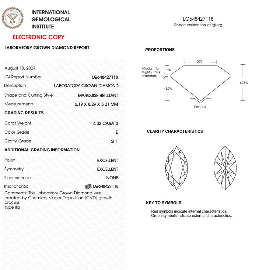 4 CT Marquise Cut Lab Grown Diamond for Anniversary Gift or Engagement Ring | IGI Certified | Best for Wedding Gift | Best Gift for Wife