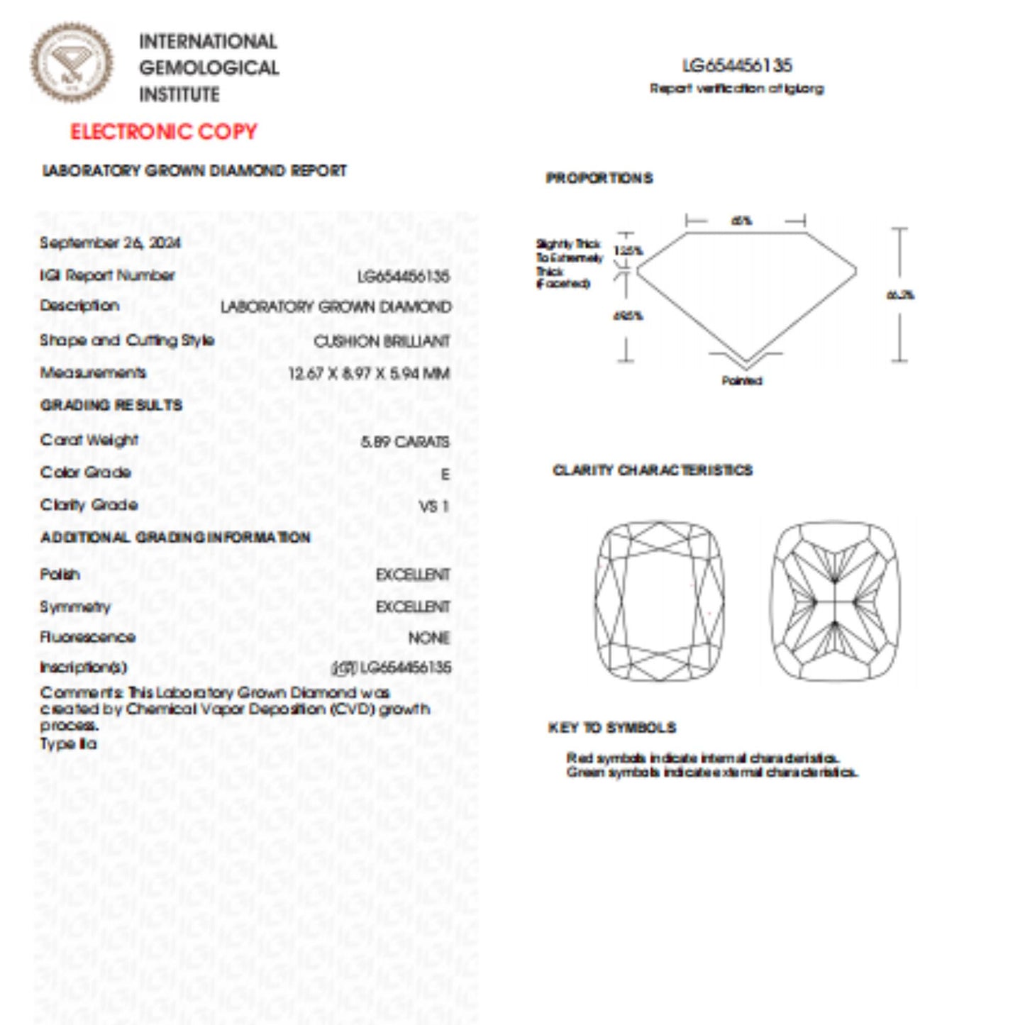 5.89 CT Cushion Cut Lab Grown Diamond For Engagement Ring
