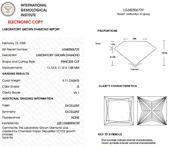 9 CT Princess Cut Lab Grown Diamond For Engagement Ring