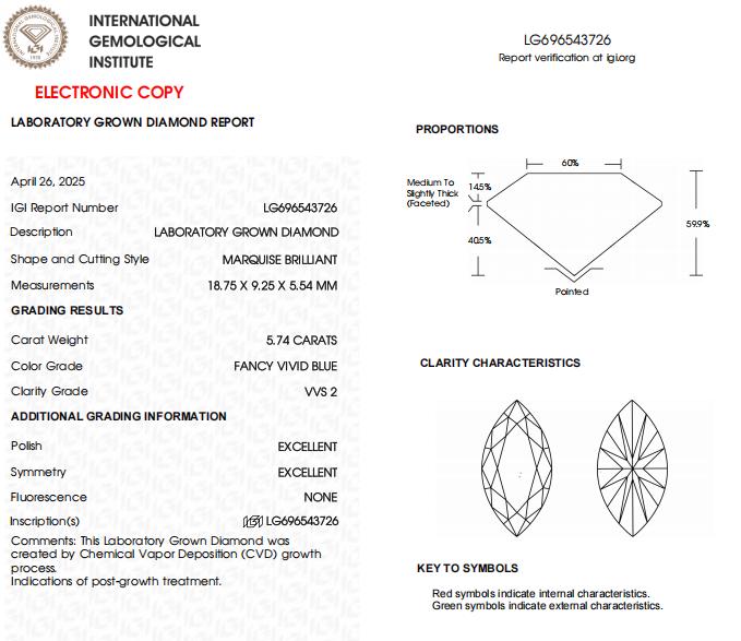 5.74 CT Blue Marquise Cut Lab Grown Diamond For Engagement Ring