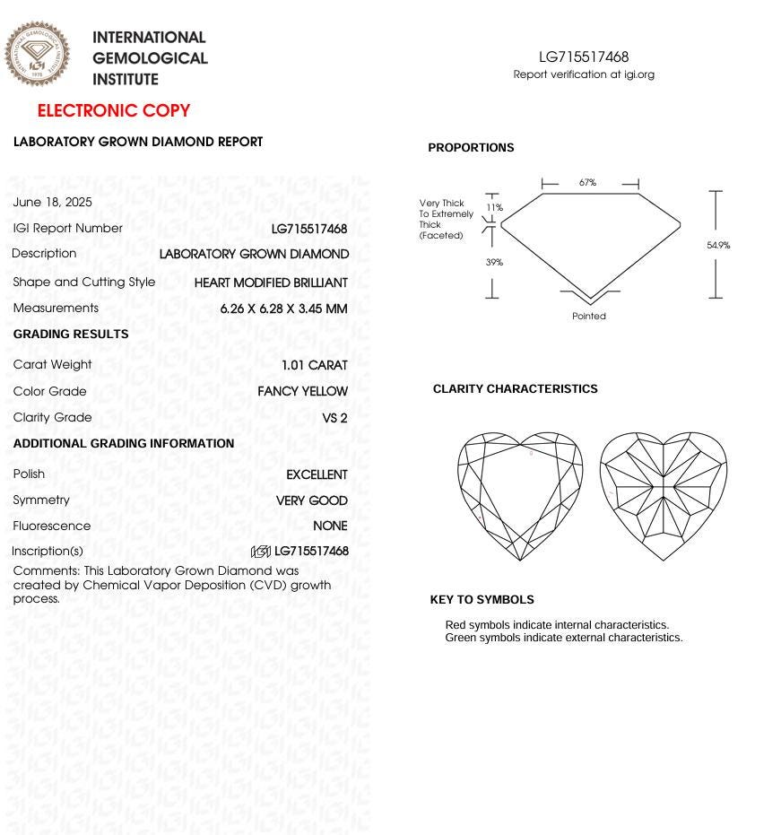 1 CT Yellow Heart Lab Grown Diamond for Engagement Ring | IGI Certified | Diamond for Anniversary Gift or Wedding Gift