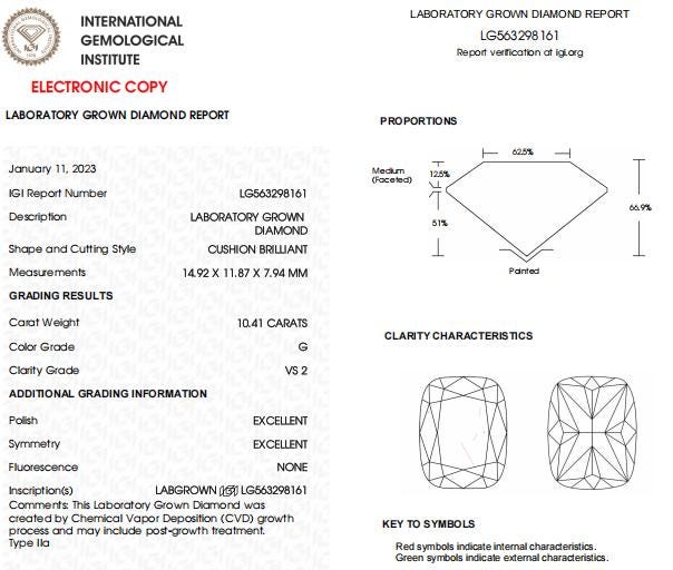 10.41 CT Cushion Cut Lab Grown Diamond For Engagement Ring