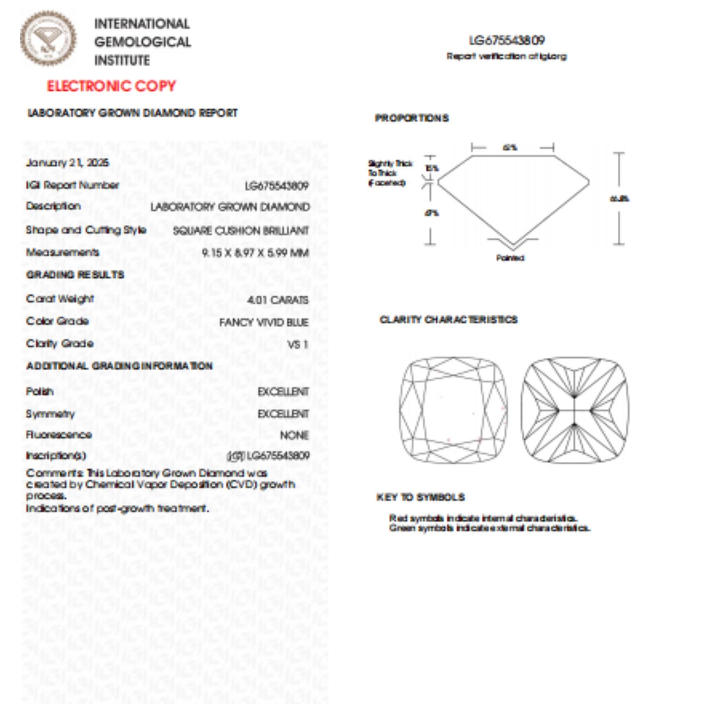 4 CT Cushion Cut Vivid Blue Lab Grown Diamond For Engagement Ring