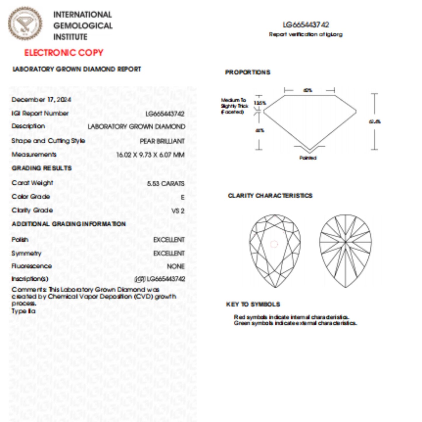 5.53 CT Pear Loose Lab Created Diamond for Engagement Ring