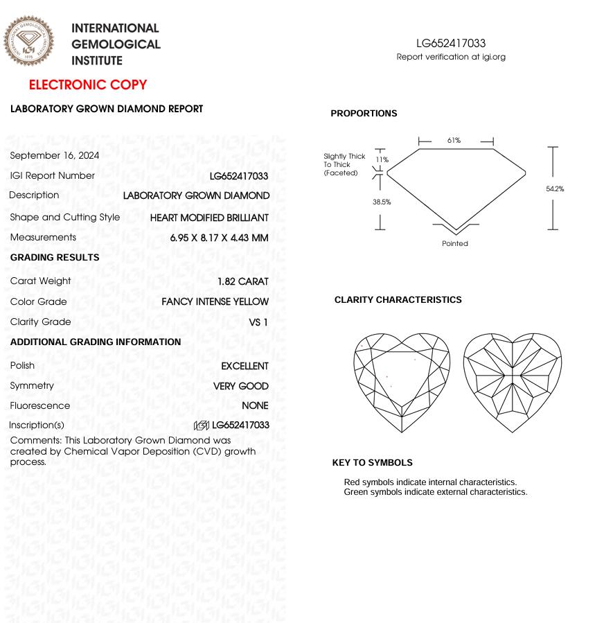 1.82 CT Yellow Heart Cut Lab Grown Diamond for Engagement Ring | IGI Certified | Diamond for Jewelry | Gift for Girl