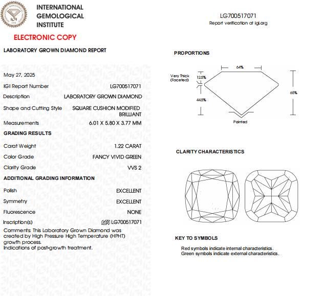 1.22 CT-VVS2 Clarity Vivid Green Cushion Cut Lab Created 100% IGI Certified Diamond For Engagement Ring