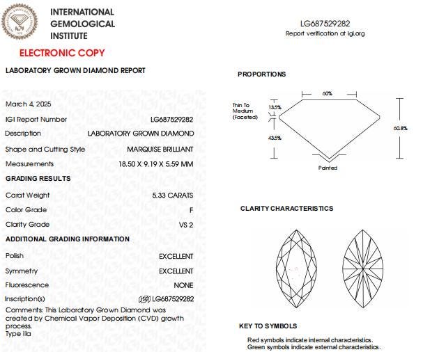 5.33 CT Marquise Lab Grown IGI Certified Diamond For Engagement Ring