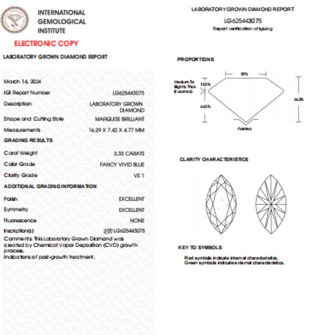 3.33 CT Marquise Vivid Blue Lab Grown Diamond For Engagement Ring