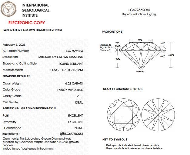 6 CT Round Vivid Blue Lab Grown Diamond For Engagement Ring
