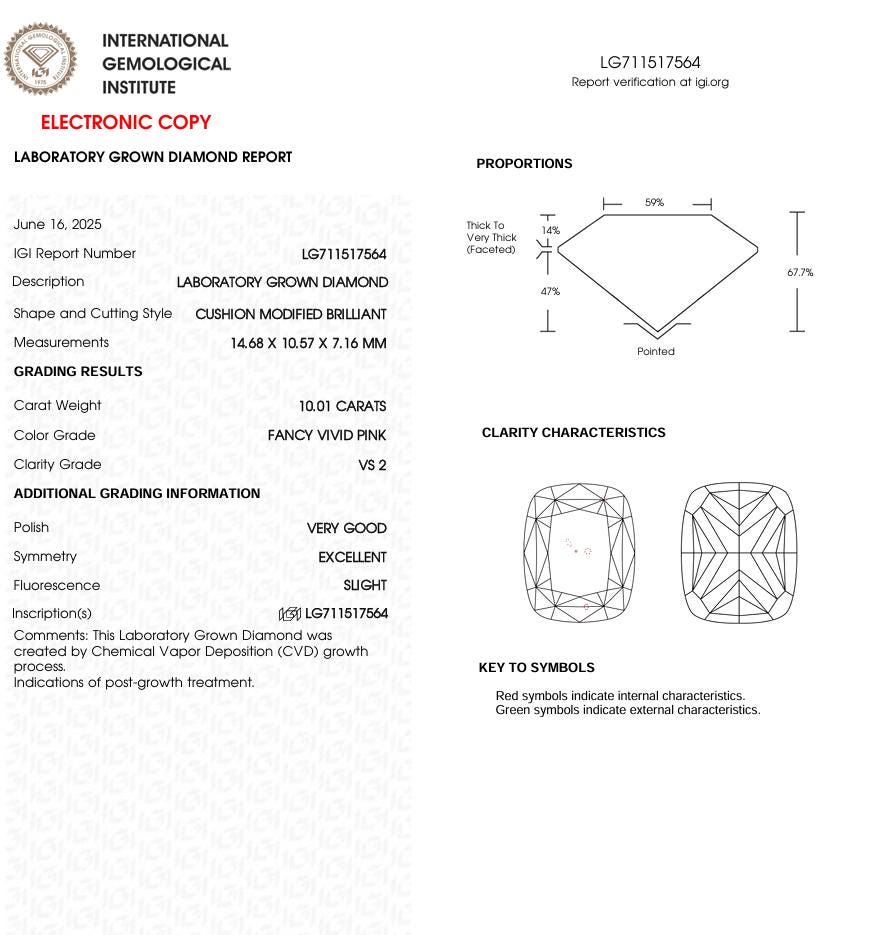 10 CT Pink Cushion Cut Lab Grown Diamond for Engagement Ring
