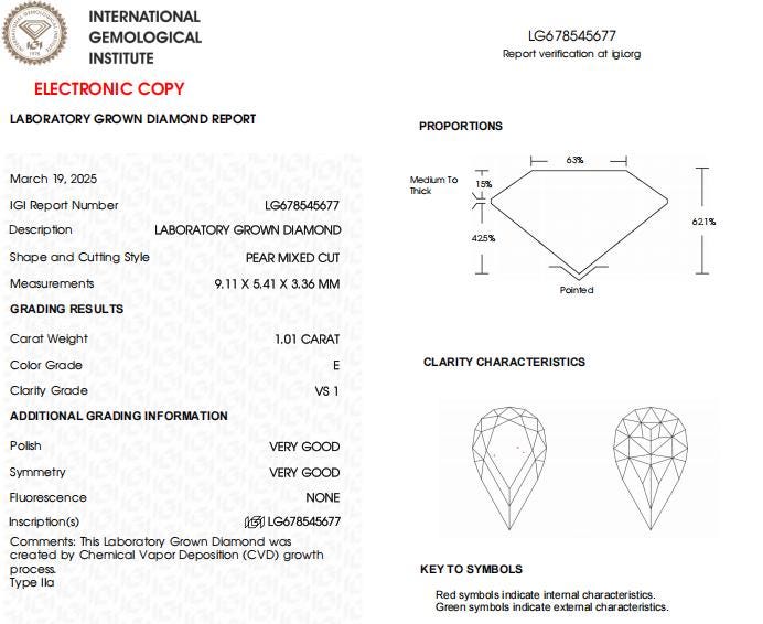 1 CT Unique Pear Mixed Cut Lab Grown IGI Certified Diamond for Engagement Ring | Custom Jewelry | Pendent