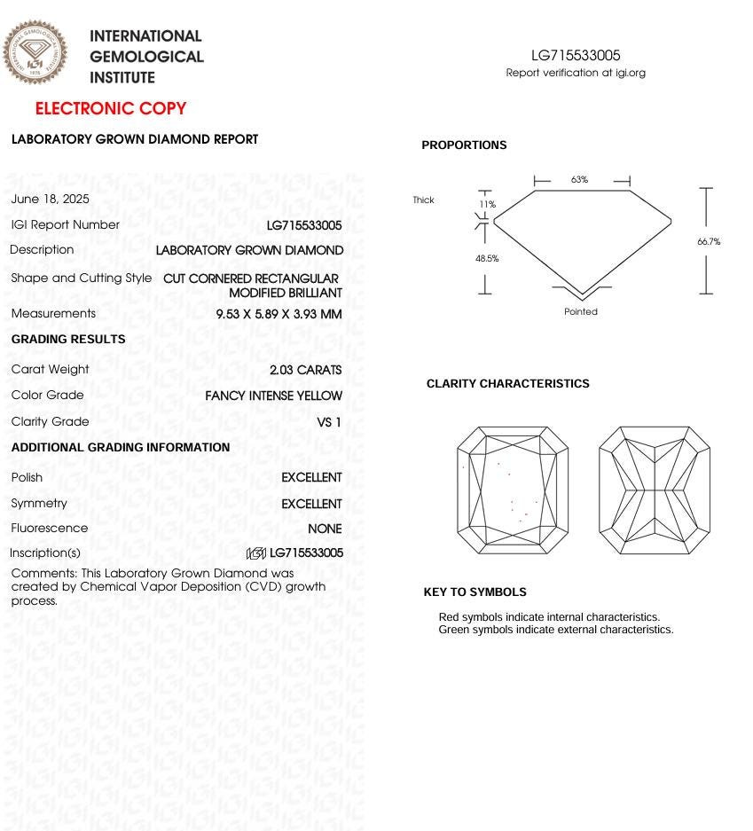 2 CT Yellow Radiant Cut Lab Grown Diamond | IGI Certified | Diamond for Engagement Ring or Anniversary Gift