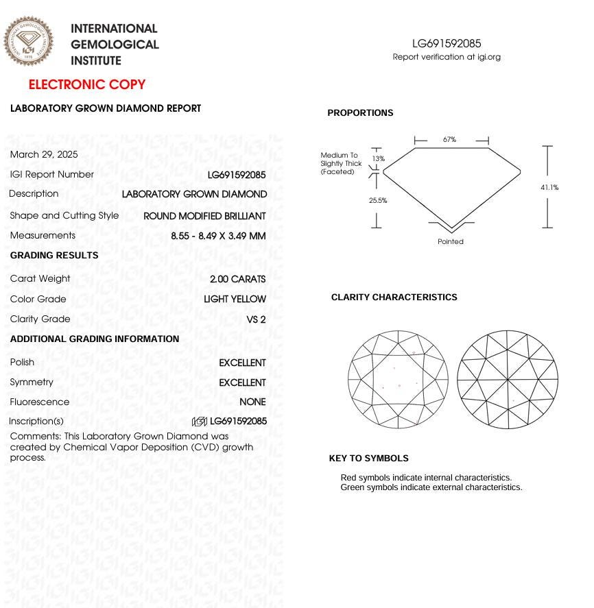 2 CT Yellow Round Cut Lab Grown Diamond for Engagement Ring or Anniversary Gift | IGI Certified