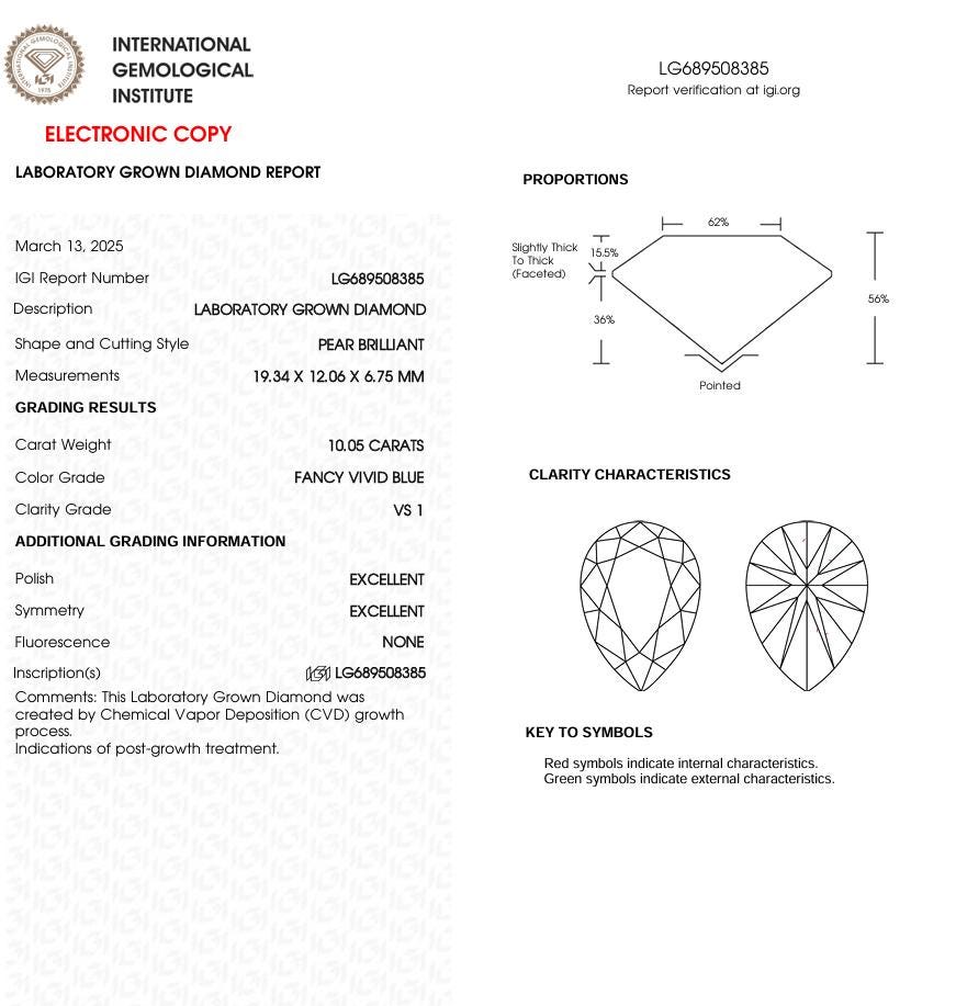 10 CT Blue Pear Cut Lab Grown Diamond for Engagement Ring