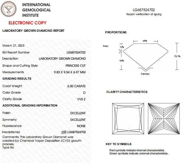 6 CT-VVS2 Clarity D Color Princess Cut Lab Grown Diamond For Engagement Ring