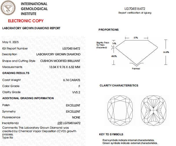 6.74 CT-VVS2 F Cushion Cut Lab Grown Diamond