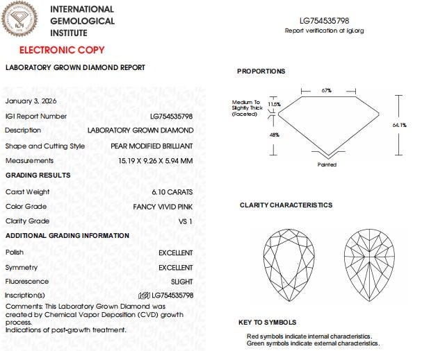 6.10 CT Vivid pink Pear Lab Grown Diamond For Engagement Ring