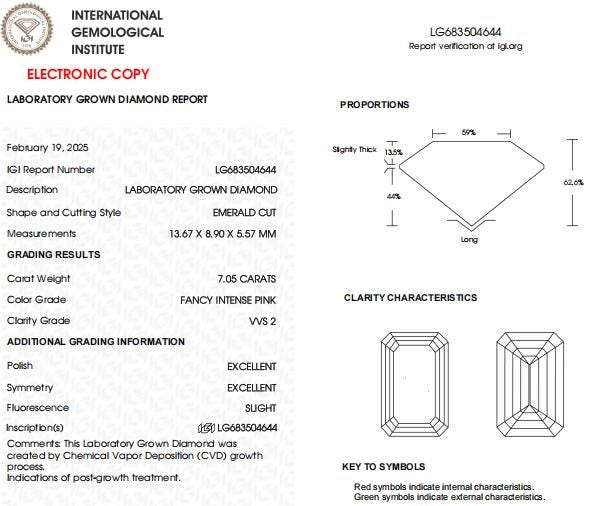 7 CT Emerald Cut Intense Pink Lab Grown Diamond For Engagement Ring