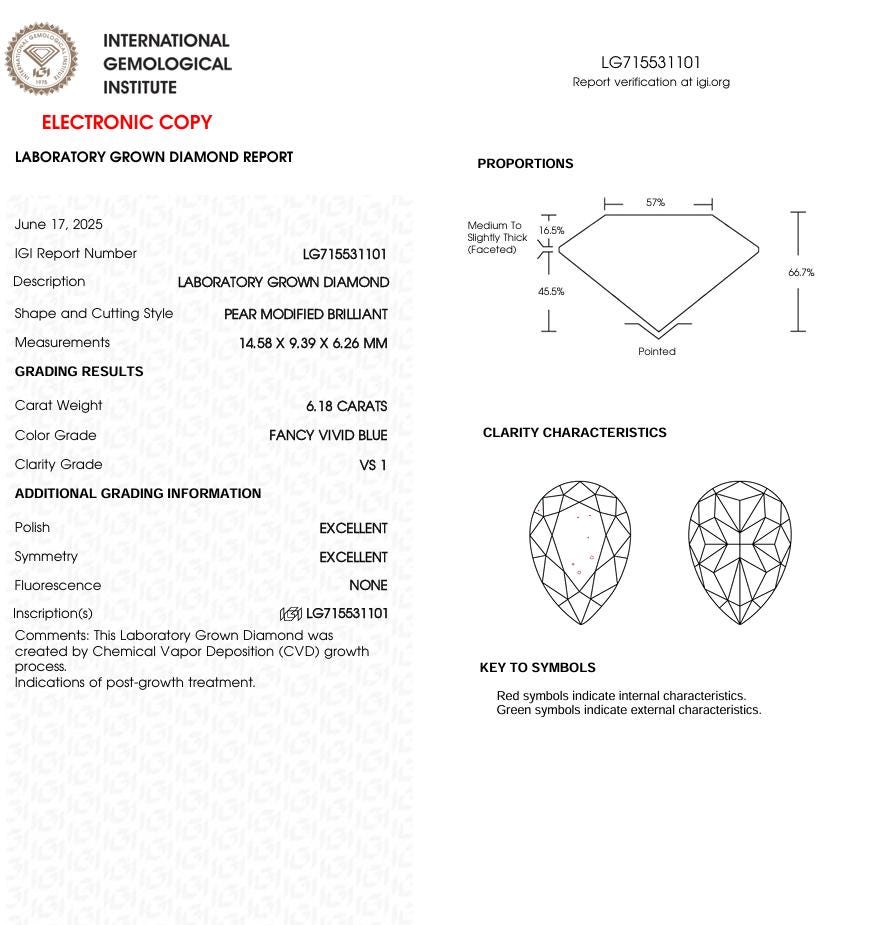 6.18 CT Blue Pear Cut Lab Grown Diamond for Necklace | Diamond for Bracelet or Necklace | IGI Certified | Best Gift for Girl