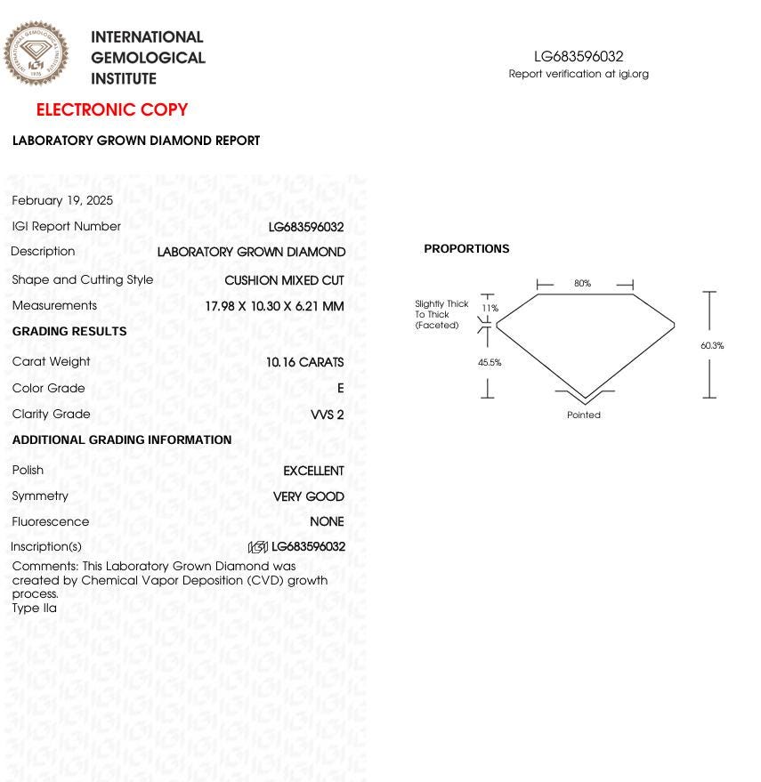 10.16 CT Cushion Lab Grown Diamond for Engagement Ring | IGI Certified | Best for Bracelet or Anniversary Gift | Gift for Husband