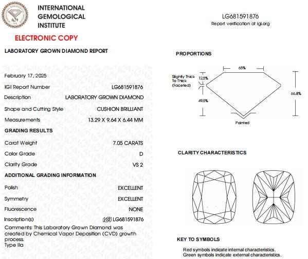 7 CT Cushion Cut Lab Grown Diamond For Engagement Ring