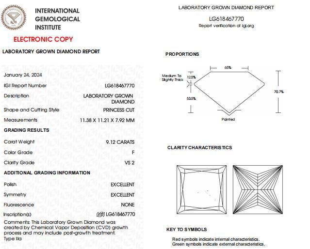 9 CT Princess Cut Lab Grown Diamond For Engagement Ring