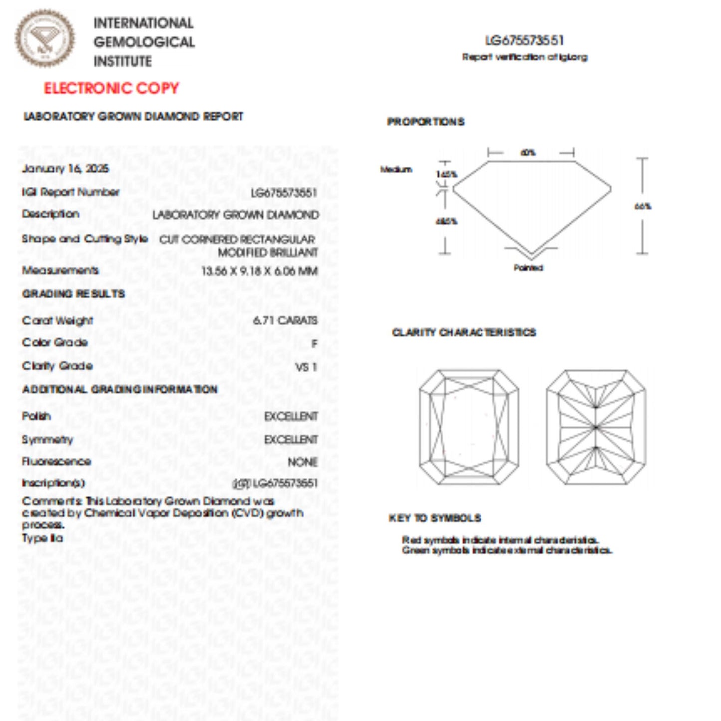 6.71 CT Radiant Cut Lab grown Diamond For Engagement Ring