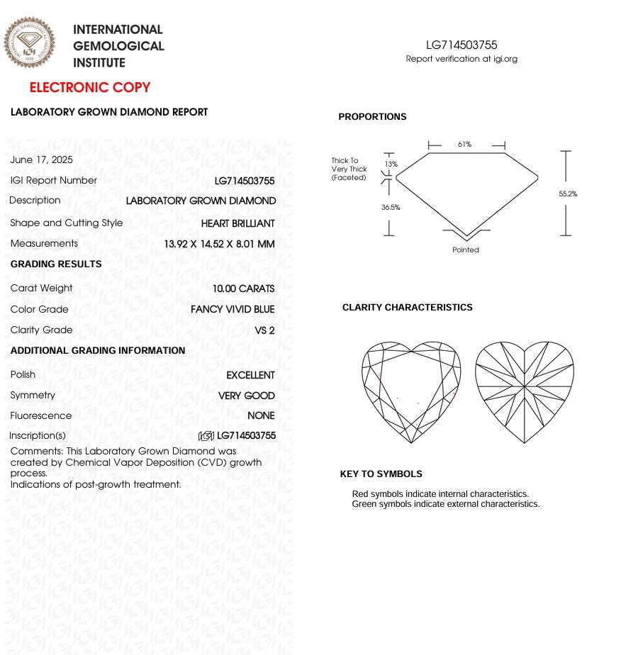 10 CT Blue Heart Cut Lab Grown Diamond for Engagement Ring | IGI Certified | Diamond for Wedding Gift or Anniversary Gift