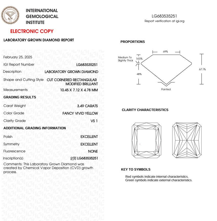 3.49 CT Yellow Radiant Cut Lab Grown Diamond for Engagement Ring