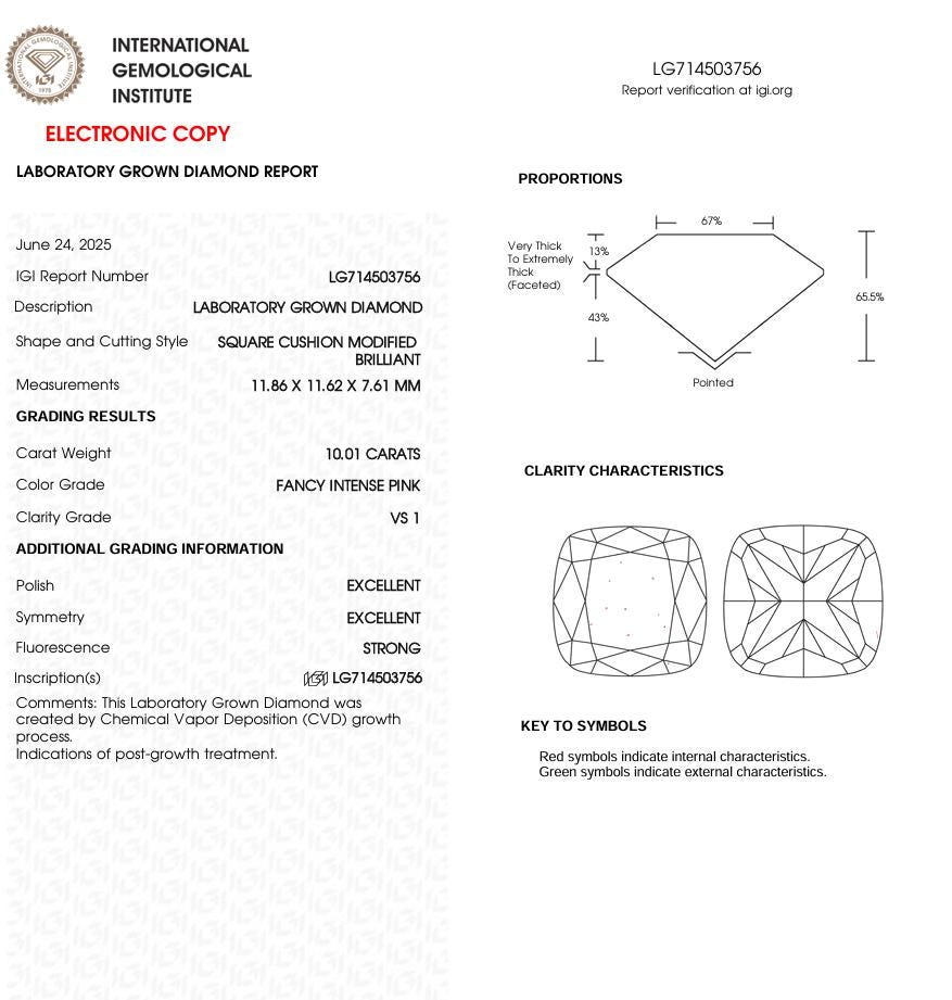 10 CT Pink Square Cushion Lab Grown Diamond for Anniversary Gift | IGI Certified | Diamond for Necklace or Bracelet | Gift for Mother