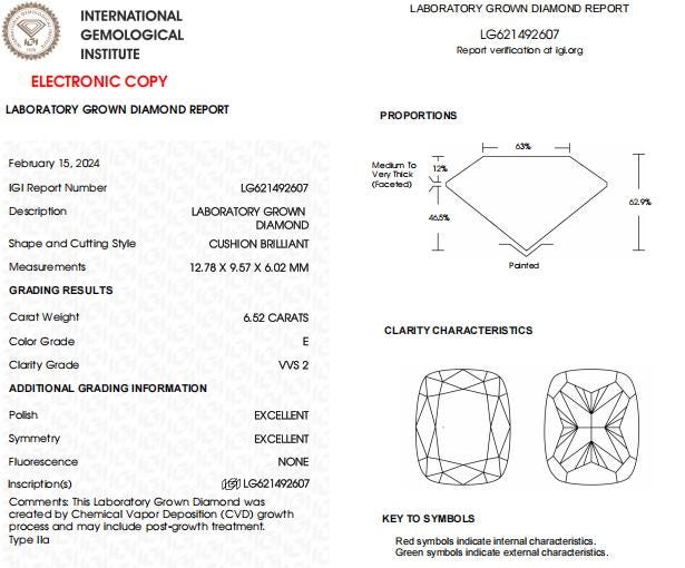 6.52 CT Cushion Cut Lab Grown Diamond For Engagement Ring
